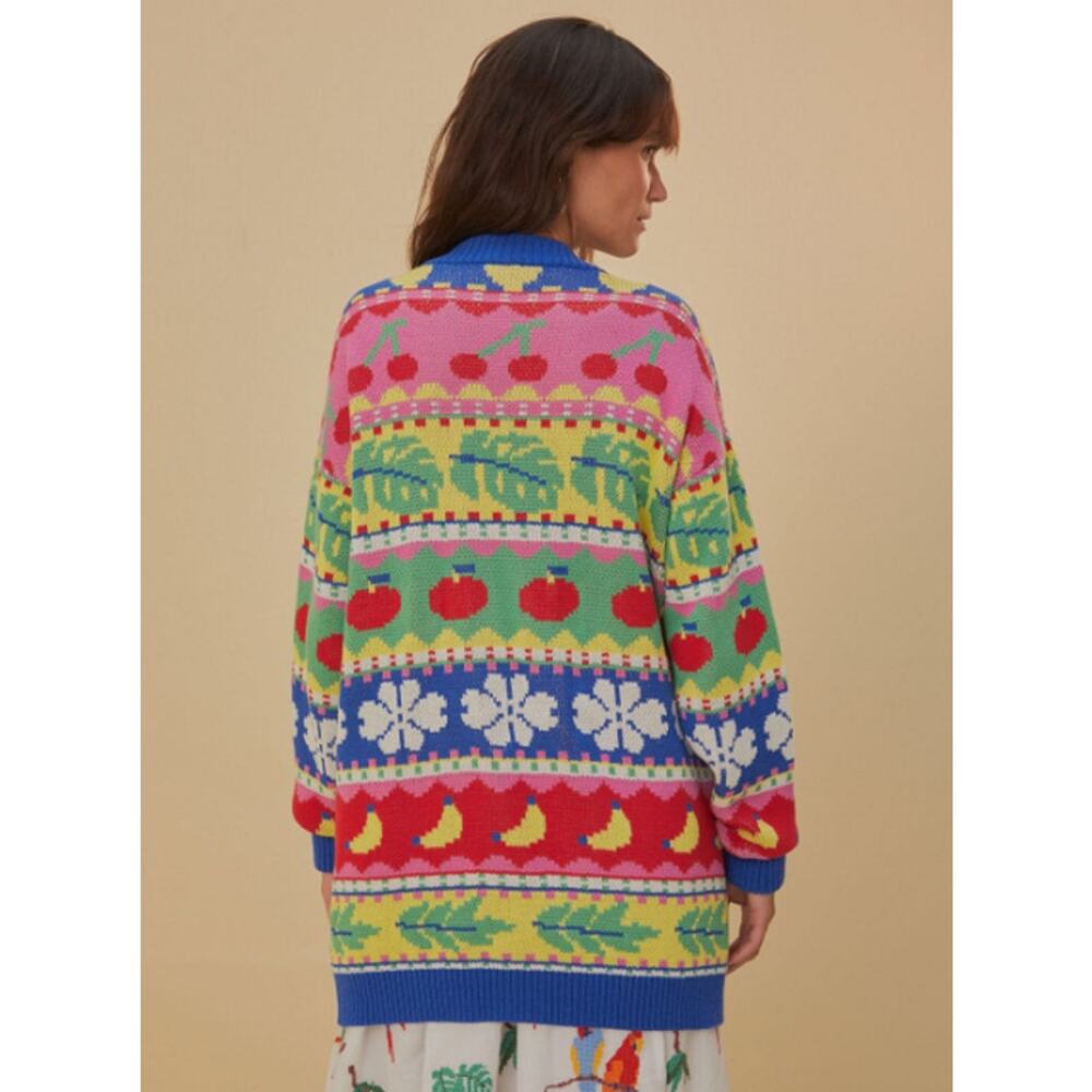 FARM RIO Sweet Orchard Chunky Knit Cardigan Cozy Oversized Fruit Floral Sweater - Picture 15 of 16